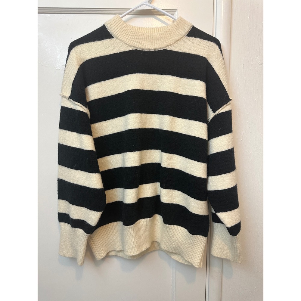 Miou Muse Striped Crewneck Sweater Black Cream Oversized Knit T2789 Womens Small